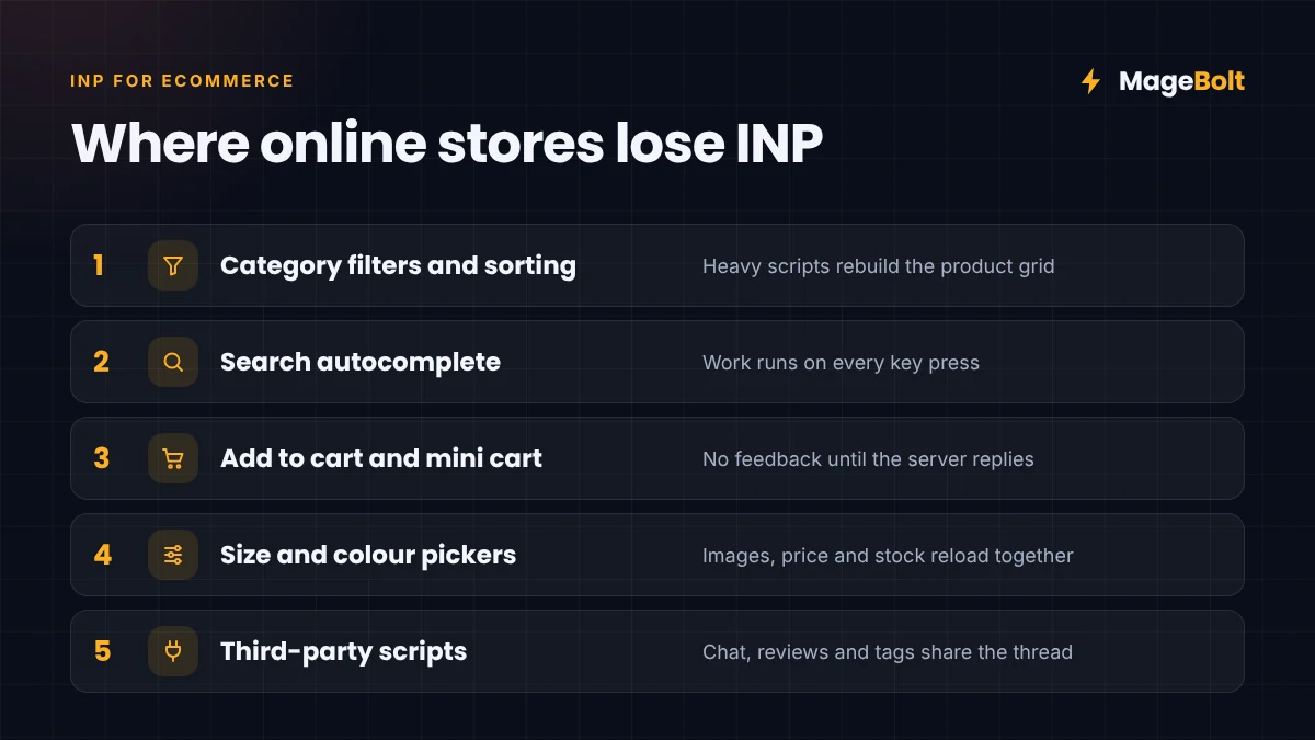 Where Online Stores Lose INP INP for ecommerce hotspots: category filters, search autocomplete, add to cart, variant pickers and third-party scripts
