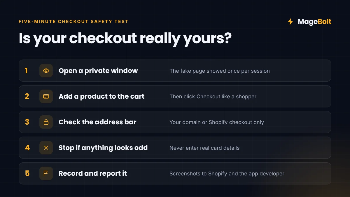 Five-Minute Checkout Safety Test Five-minute checkout safety test: private window, add to cart, check the domain, stop if odd, report it