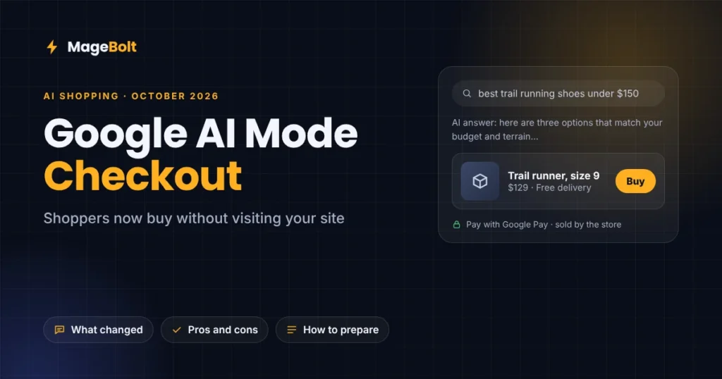 Google AI Mode checkout 2026 thumbnail showing a shopper buying from an AI answer with one tap