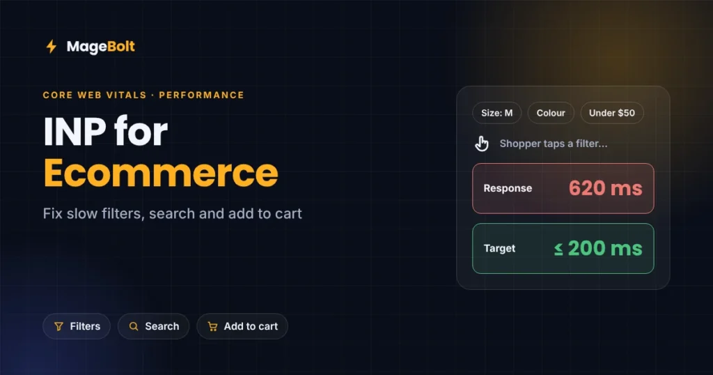 INP for ecommerce thumbnail showing a slow filter tap and the 200 millisecond target