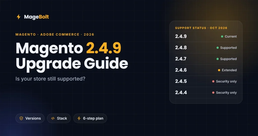 Magento 2.4.9 upgrade guide 2026 thumbnail showing version support status and a safe upgrade path