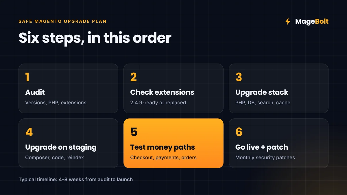 Six-Step Magento Upgrade Plan Six-step Magento upgrade plan: audit, check extensions, upgrade stack, upgrade on staging, test, go live