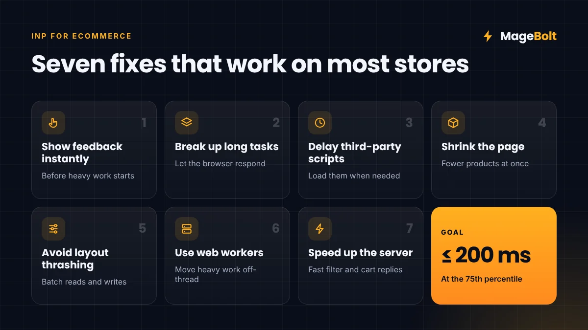 Seven INP Fixes for Online Stores Seven INP fixes for online stores: instant feedback, smaller tasks, delayed scripts, smaller pages, no layout thrashing, web workers, faster server
