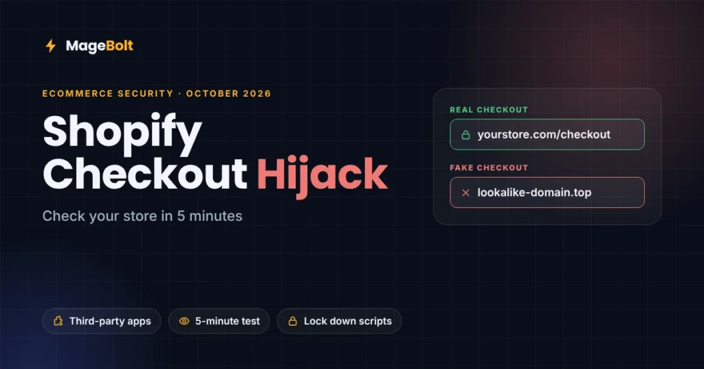 Shopify checkout hijack 2026 thumbnail showing a real checkout redirected to a fake payment page