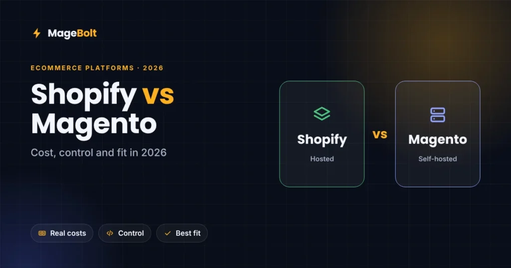 Shopify vs Magento 2026 thumbnail comparing a hosted platform with a self-hosted one